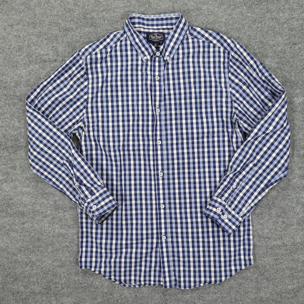 Nat Nast Shirt Mens Medium Blue White Gingham Button‎ Down Collar Long Sleeve